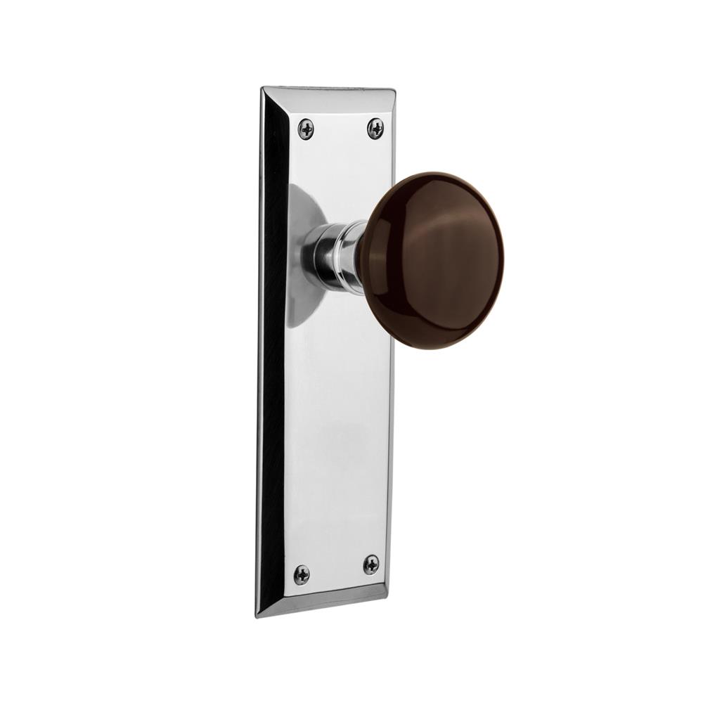 Nostalgic Warehouse NYKBRN Privacy Knob New York Plate with Brown Porcelain Knob without Keyhole in Bright Chrome